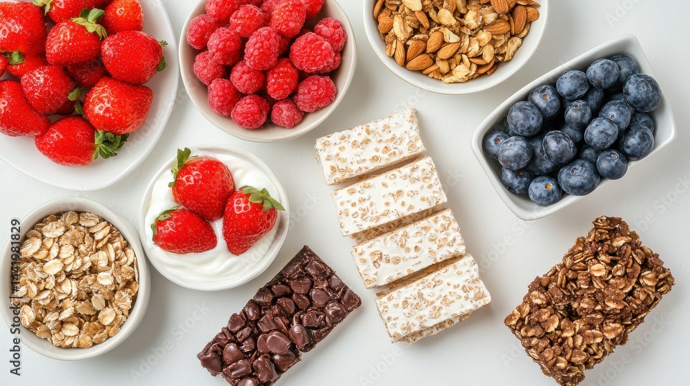 Fresh Berries, Nuts, Granola, and Protein Bars Arranged on a White Background for Healthy Snack Ideas Fresh Berries, Nuts, Granola, and Protein Bars Arranged on a White Background for Healthy Snack Ideas