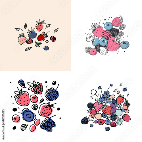 Collection of hand-drawn berry illustrations including strawberries, blueberries, and raspberries in a playful, sketchy style, ideal for food or health visuals.

