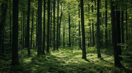 Serene green forest sunlight through trees nature woods path calm dark lush moss view image photo