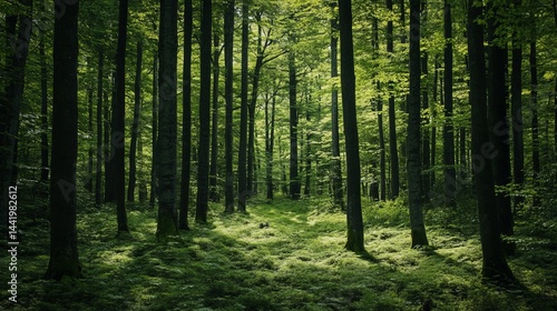 Fototapeta Naklejka Na Ścianę i Meble -  Serene green forest sunlight through trees nature woods path calm dark lush moss view image photo