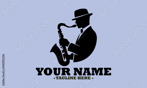 illustration silhouette of the musician playing on a saxophone vector design, logo saxophonist shape art and saxophone player template design