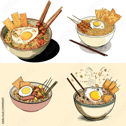 Hand-drawn bowls of instant noodles with egg, toppings, and chopsticks. Perfect for Asian food menus, snack illustrations, or culinary visual stories. Isolated on white background.

