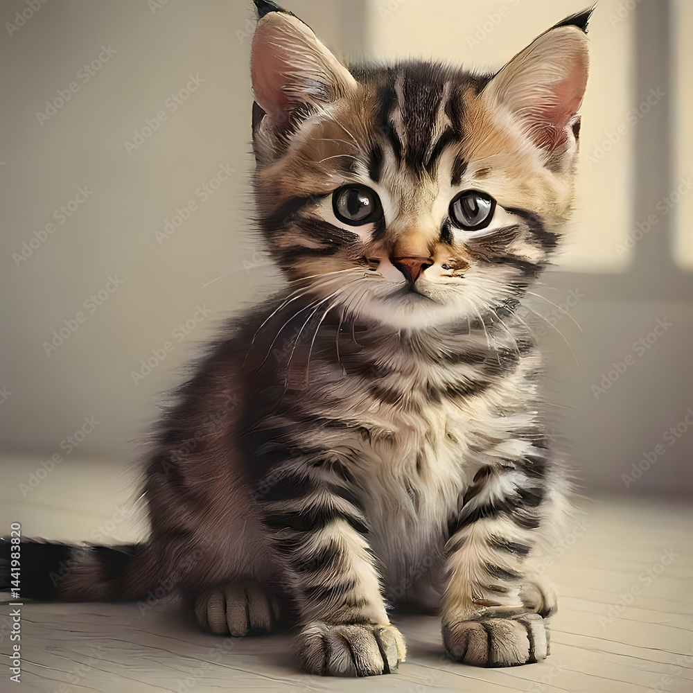 Playful tabby kitten perched on light wooden floor, bright eyes sparkling with curiosity and youthful energy, displaying distinctive striped coat markings Playful tabby kitten perched on light wooden floor, bright eyes sparkling with curiosity and youthful energy, displaying distinctive striped coat markings