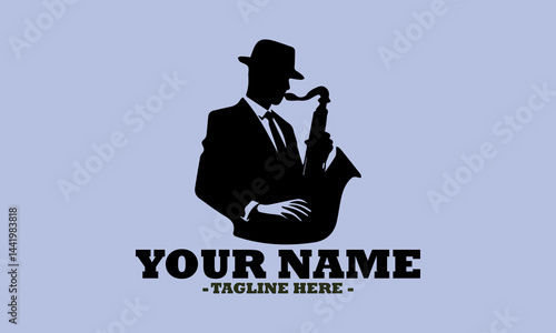 illustration silhouette of the musician playing on a saxophone vector design, logo saxophonist shape art and saxophone player template design