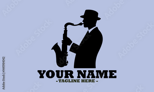 illustration silhouette of the musician playing on a saxophone vector design, logo saxophonist shape art and saxophone player template design