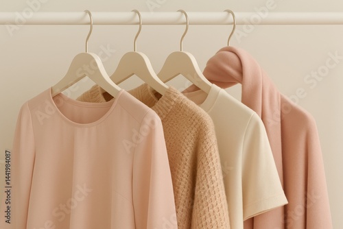 A close-up shot of a minimalist wardrobe showcasing soft pastel-colored clothing arranged neatly on hangers.