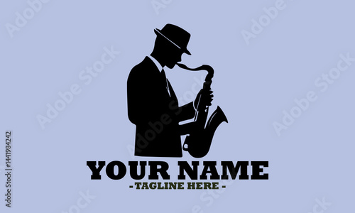 illustration silhouette of the musician playing on a saxophone vector design, logo saxophonist shape art and saxophone player template design