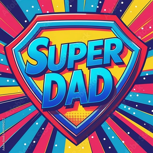 Super Dad text in superhero shield with colorful comic style on vibrant background. 