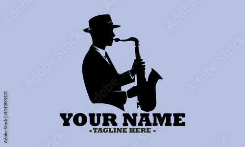 illustration silhouette of the musician playing on a saxophone vector design, logo saxophonist shape art and saxophone player template design