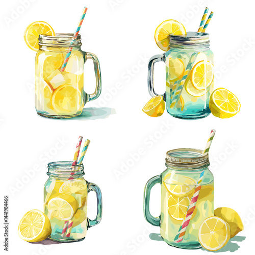 Watercolor mason jars filled with lemonade, lemon slices, and striped straws. Ideal for summer drinks, refreshing beverage illustrations, or healthy lifestyle visuals. Isolated on white background.

