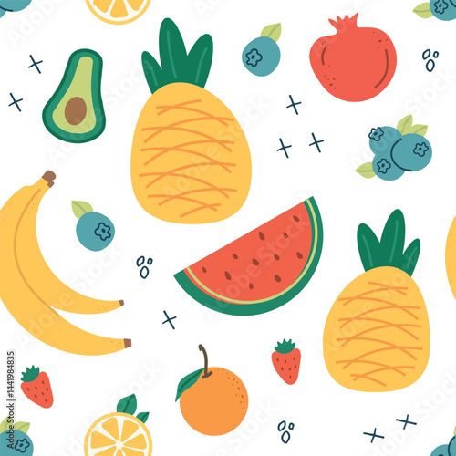 Seamless pattern with summer fruits. banana, lemon, watermelon, avacado, flat children's background with dessert, food. graphics for print, holidays, wallpaper, banners, surface texture. vector