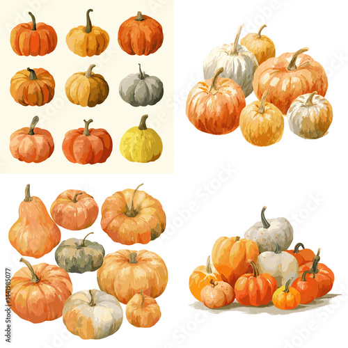 Watercolor pumpkins in various shapes and colors. Perfect for fall themes, harvest season illustrations, Thanksgiving decor, or farm-to-table visuals. Isolated on white background.

