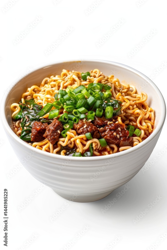 Bowl of noodles garnished with green onions and pieces of meat served hot Bowl of noodles garnished with green onions and pieces of meat served hot