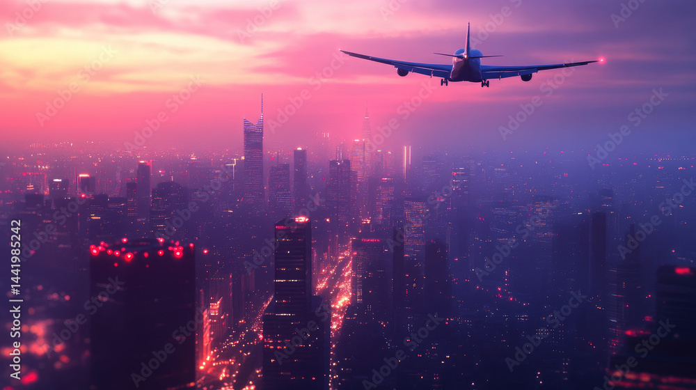 Commercial jet flying over illuminated city at night with glowing bokeh lights, symbolizing global connection, air travel, night flights and modern aviation technology.banner.copy space