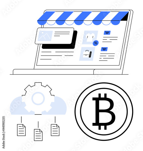 Laptop with e-commerce storefront, Bitcoin logo for cryptocurrency, cloud with gear and documents. Ideal for digital business, blockchain, cloud storage, cryptocurrency, fintech, online security