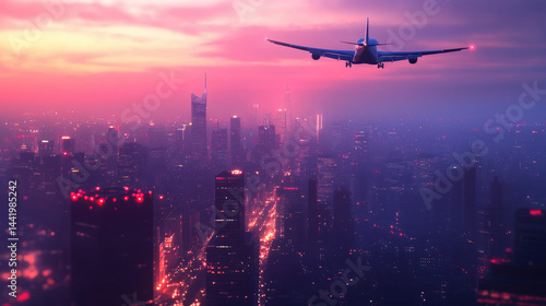 Obraz na płótnie Commercial jet flying over illuminated city at night with glowing bokeh lights, symbolizing global connection, air travel, night flights and modern aviation technology.banner.copy space w salonie
