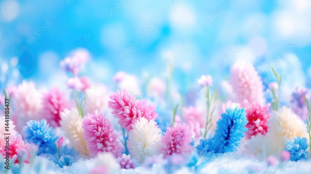 Naklejka premium Delicate, colorful flowers in pastel shades, emerging from snow, soft bokeh background