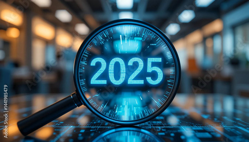 Magnifying Glass Focusing on 2025 Text with Digital Display in Modern Office Setting and Warm Lighting