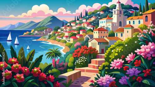 Mediterranean landscape with azalea flowers. French reviera, view of stunning coastal town