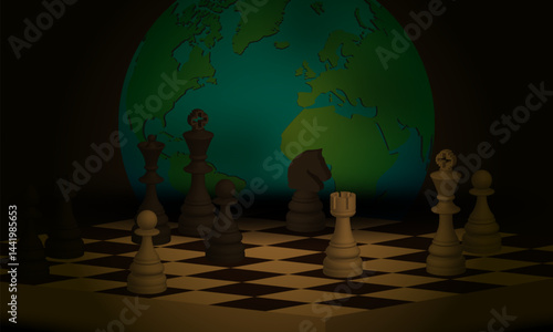 Vector dark poster. World chess game. 3d figures, chessboard and planet earth. Global economy and politics.
