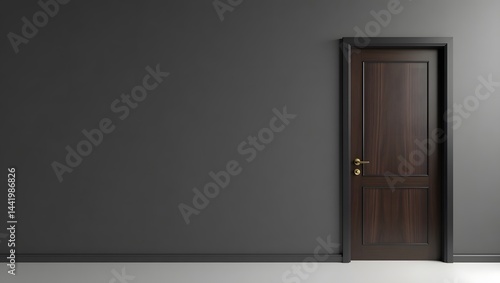 A minimalist room featuring a dark brown door against a gray wall with a white floor space