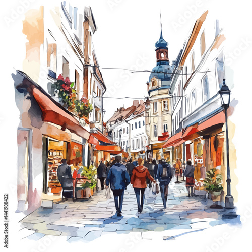lively shopping street, watercolor drawing, isolated on a white background. lively shopping street vector.