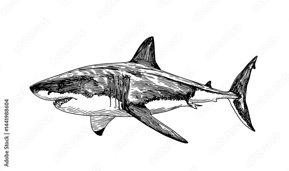 Fototapeta premium Stunning black and white vector illustration of shark, showcasing intricate details and dynamic lines. Perfect for ocean-themed projects, educational materials, or wildlife art.