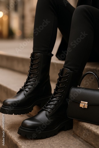 A stylish close-up of a pair of sleek black combat boots with thick soles, laced up tightly, sitting on a set of steps.