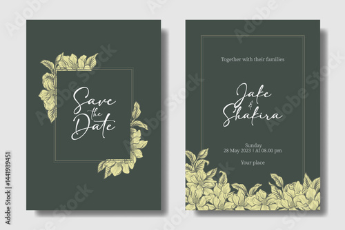 Deep green theme, floral magnolia wedding invitation, hand drawing flower illustration