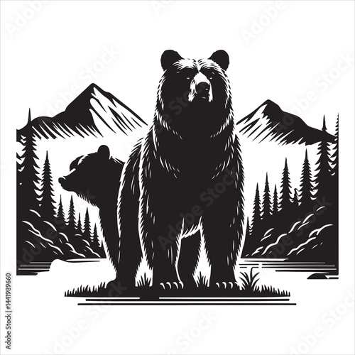 bear standing silhouette, vector, black color silhouette 