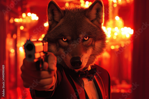 A wolf in a suit holding a gun.