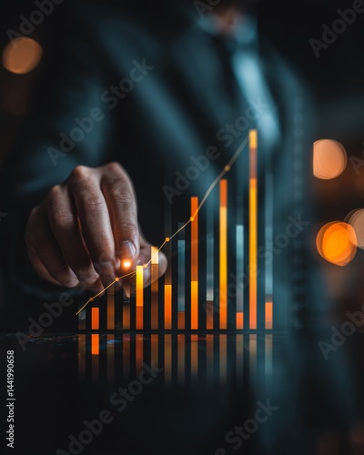 a person pointing on a digital bar chart