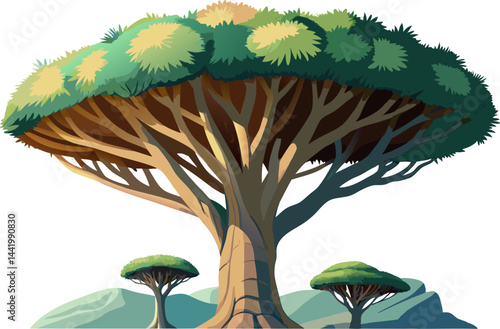 A watercolor depiction of a Dragon Tree (Dracaena draco), with thick branches and sword-shaped leaves, isolated on a white background.
