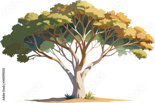 A watercolor rendering of a Paperbark Tree (Melaleuca quinquenervia), with white peeling bark and fine narrow leaves, isolated on a white background.
