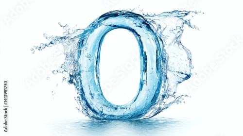Water Splash Forming Number Zero, Liquid Font on White Backdrop, Sparkling