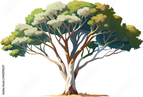 A watercolor rendering of a Paperbark Tree (Melaleuca quinquenervia), with white peeling bark and fine narrow leaves, isolated on a white background.