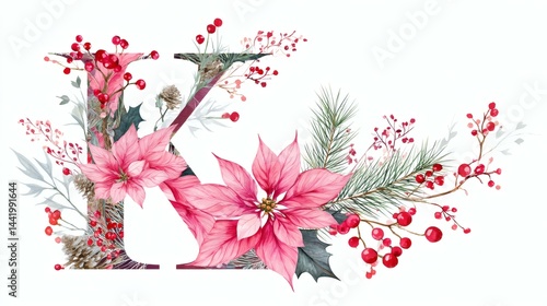 Watercolor Letter K Floral Design with Poinsettias and Berries on White Backdrop