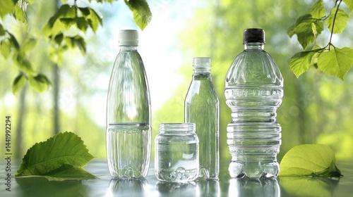 A collection of plastic water bottles of different sizes and shapes arranged on a table