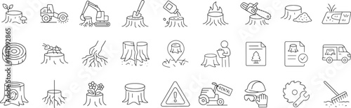 Stump service line icon set. Vector pictograms of chainsaw, excavator, grinder, mulch, ant decomposition, helmet, gloves, planter, thin linear illustration.