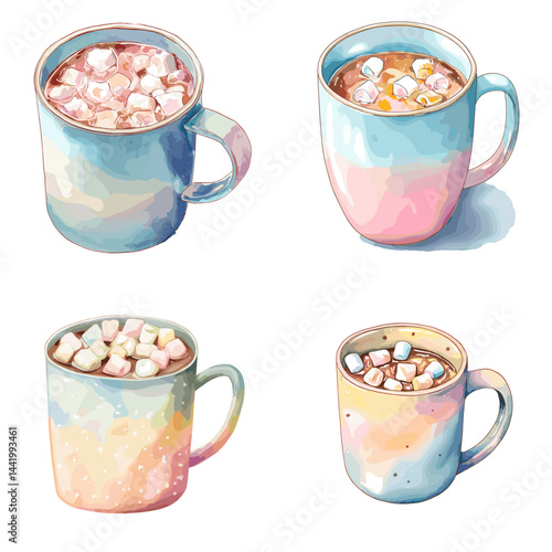 Cute pastel mugs filled with hot chocolate and mini marshmallows in watercolor style. Perfect for cozy winter themes, cafe menus, or holiday illustrations. Isolated on white background.

