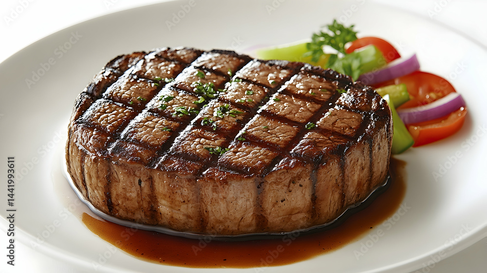 Grilled steak with pan sauce, served with fresh salad Grilled steak with pan sauce, served with fresh salad
