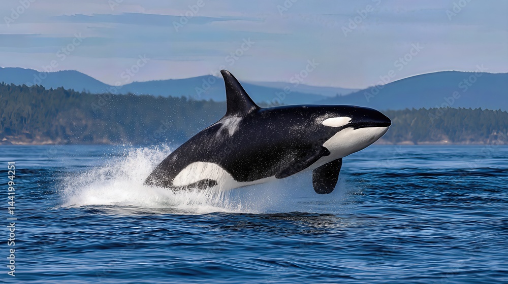 Fototapeta premium An orca bursts from the morning ocean, creating a stunning splash against the calm water.