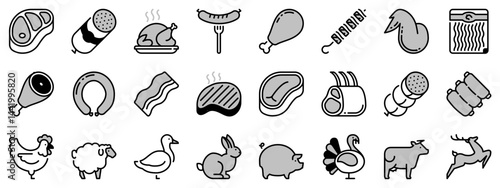 Icons in two tones about meat. Food.