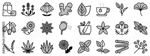 Icons in two tones about infusions and tisanes.