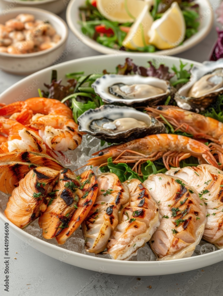 Gourmet seafood platter featuring oysters, grilled shrimp, smoked salmon, and mussels over fresh greens Gourmet seafood platter featuring oysters, grilled shrimp, smoked salmon, and mussels over fresh greens