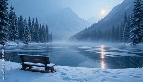 Wallpaper Mural Snowfall Over Frozen Lake with Fir Trees and Blue Hour Glow Torontodigital.ca