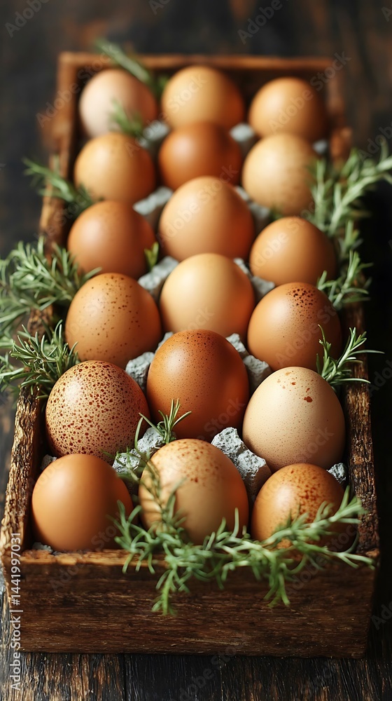 Brown eggs in wooden crate with rosemary Brown eggs in wooden crate with rosemary