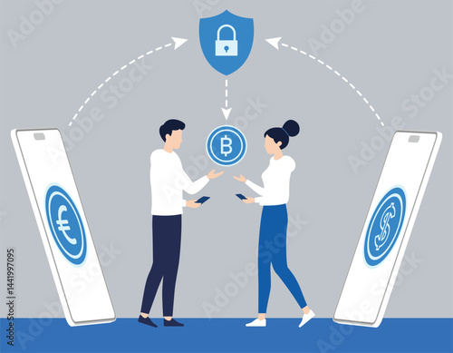 Illustration of a secure cryptocurrency exchange via mobile devices vector art
