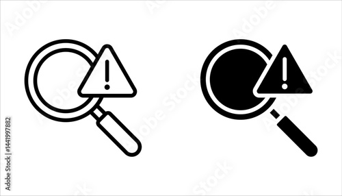 Problem identification icon set. magnifying glass with exclamation mark on white background