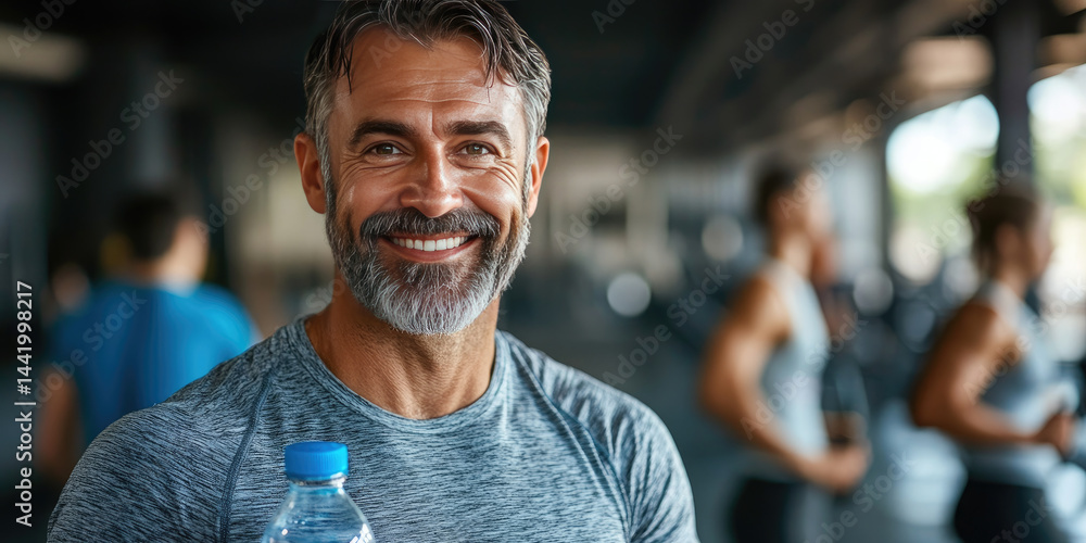 Smiling mature man with gray hair holding water bottle in gym, representing healthy lifestyle, fitness motivation, hydration, and confidence in middle-aged wellness routine. Banner. Copy space.